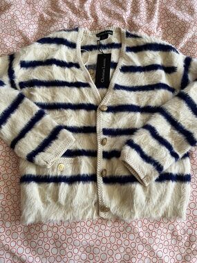 NWT Cream & Navy Striped Fuzzy with gold buttons Cardigan